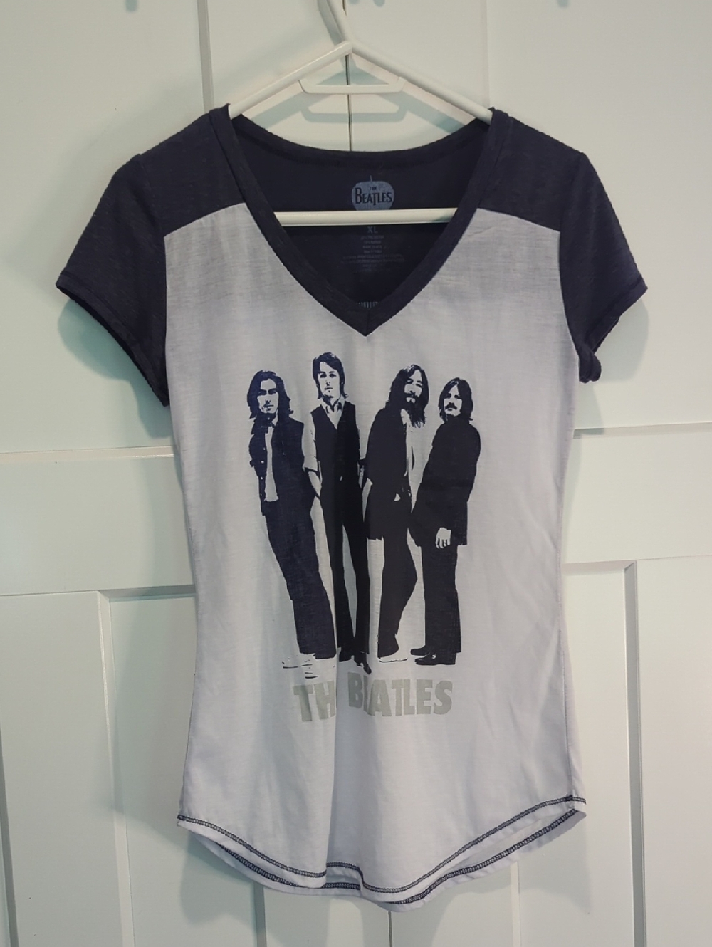The Beatles Women's V-Neck Tee in White and Blue